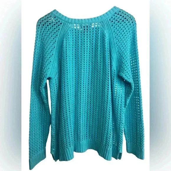 a.n.a A New Approach Women's 1X Blue Open Knit Long Sleeve Scoop Neck Sweater - Picture 2 of 11